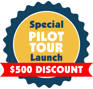 Vibrant promotional badge for Curio Italia's special pilot tour launch offering a $500 discount, designed to attract travelers interested in exclusive Italian tours and experiences.