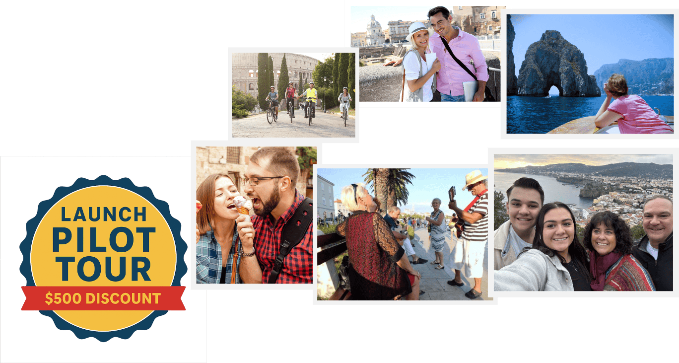 Vibrant travel photos showcasing Italy’s scenic landscapes, historic sites, and happy travelers enjoying cultural experiences and outdoor adventures with a special offer for a pilot tour.