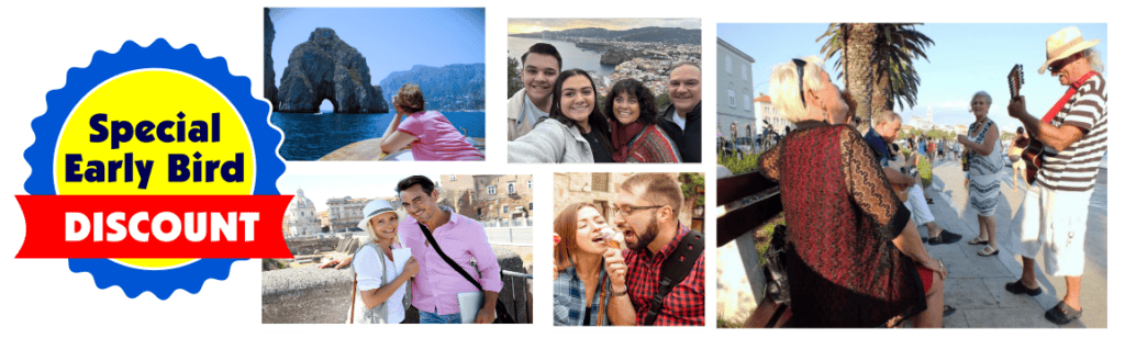 Vivid image showcasing diverse groups enjoying Italy’s scenic sights, historic sites, and vibrant streets, emphasizing memorable travel experiences and cultural exploration for visitors to Italy.