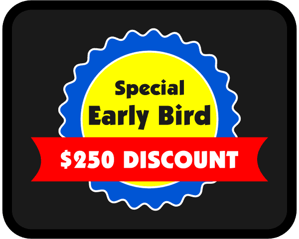A promotional badge for early booking savings with a $250 discount, available through Curio Italia for Italian travel experiences and tours.