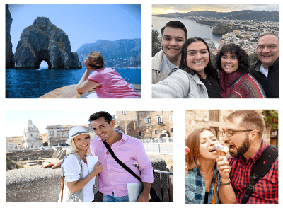 A group of joyful tourists exploring Italy’s scenic coastal and historic sites with stunning landscapes and vibrant cityscapes.