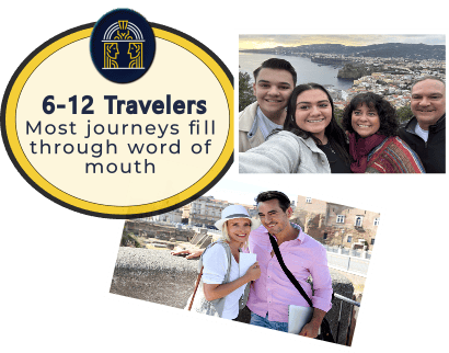 Group of diverse travelers enjoying sightseeing in Italy, capturing memorable moments during their journey with Curio Italia.