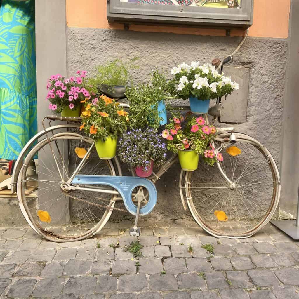 Vintage bicycle decorated with vibrant flower pots, placed against a rustic wall in an Italian city, showcasing charming street art and local floral displays.