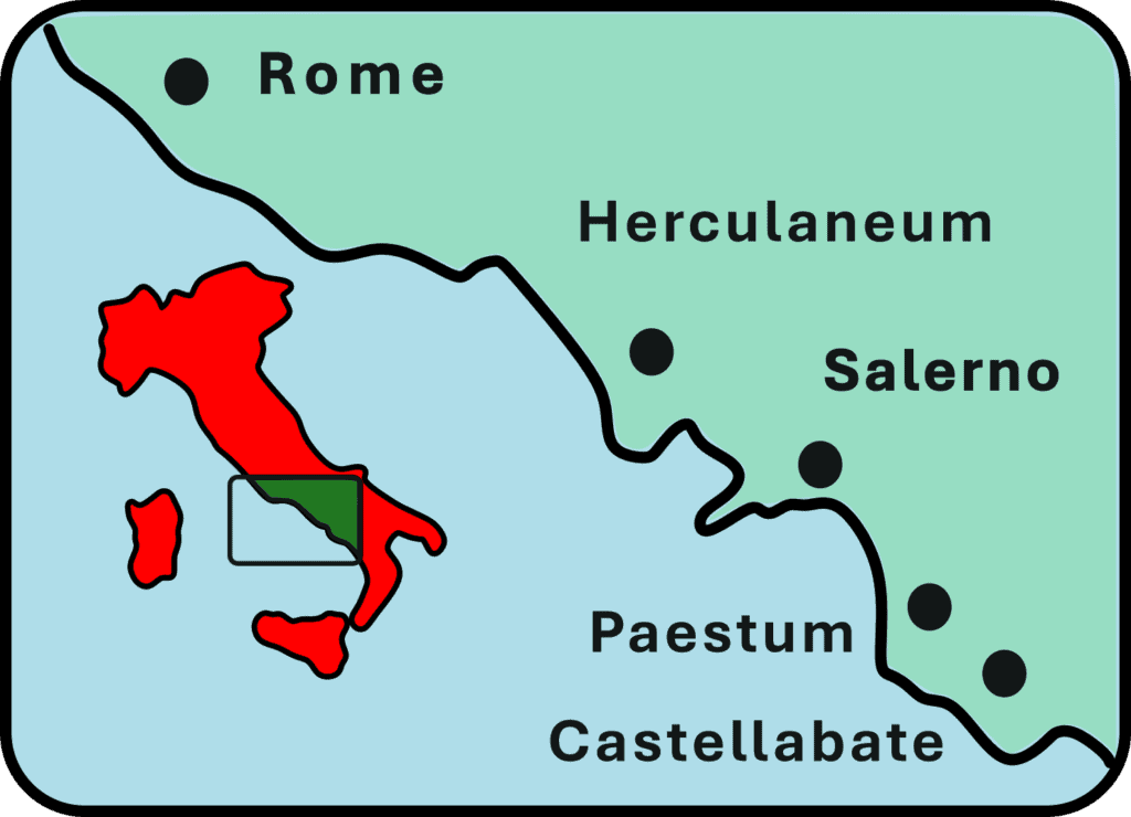 Map of Italy showing the Cilento Coast with key cities Rome, Herculaneum, Salerno, Paestum, and Castellabate, emphasizing the southern region near the Mediterranean.
