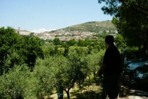 A man observing a lush green landscape with a hillside town in the background, under a clear blue sky.
