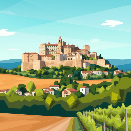 Ancient hilltop castle and vineyards in Tuscany, Italy, with picturesque views of the countryside and charming rural homes, showcasing Italian heritage and scenic landscape.